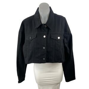 WeWoreWhat Women's Black Collared Long Sleeve Crop Boxy Denim Coat Jacket Size M
